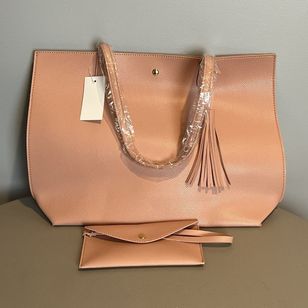 Hoxis Pink Pebbled Faux Leather Tote Shoulder Handbag w Wristlet Purse NWT